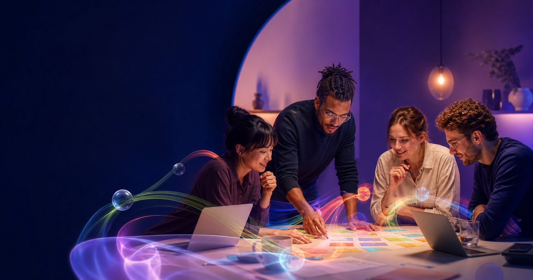 A team collaborating around a table as colorful threads connect their ideas
